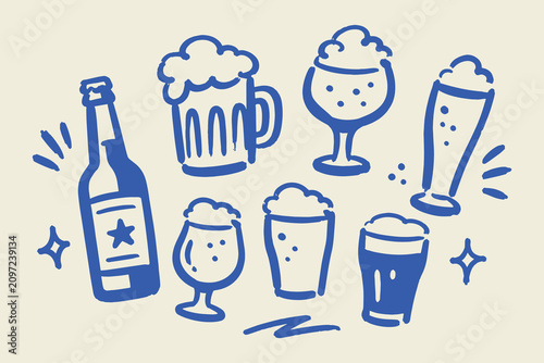 Фотография Beer Bottle and Glass Set Hand Drawn Doodle Vector Illustration
