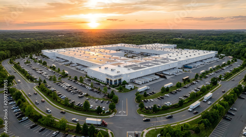 Aerial perspective of vast industrial logistics warehouse facility during sunset with parked trucks at loading docks and cars in parking lot surrounded by dense green forest.