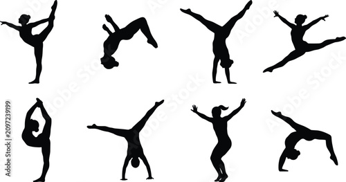 Set of black silhouettes featuring flexible female gymnasts performing various athletic poses, jumps, and acrobatic skills