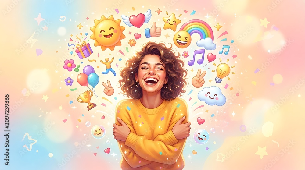 Fototapeta premium Cheerful young woman smiling with colorful icons and emojis. Expressing happiness and positivity. Female joy and vibrant mood.