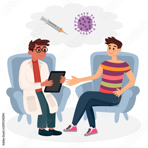 Male doctor holding tablet consulting young man about vaccination. Medical advice, clinical consultation for virus immunization, and preventive healthcare flat vector illustration.