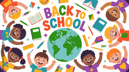 Cheerful diverse children celebrating back to school education theme with global globe and colorful supplies vector illustration for academic seasonal promotions with vibrant flat style