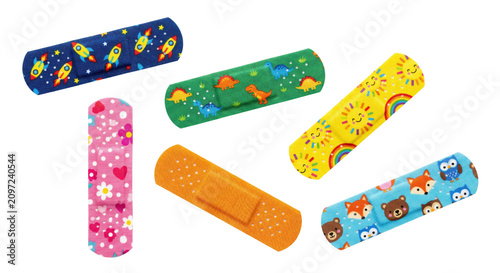 Foto Assortment of colorful adhesive bandages with fun patterns for children