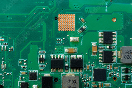 Electronic circuit board closeup, technology hardware pattern