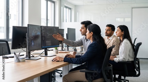 Indian software engineers reviewing code monitor screen