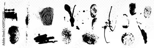 Fotografie Realistic fingerprint patterns, thumbprint black ink smudges with splatters, vector human identification marks isolated on transparent background