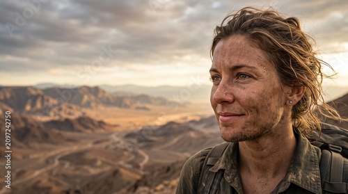 A determined woman looking into the vast desert landscape at sunset after a long hike
