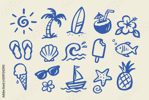 Canvastavla Summer Beach Icon Set Hand Drawn Doodle Vector Illustration
