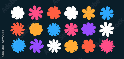 Colorful daisy flower shapes, top view, set. Abstract floral blossoms, simple...