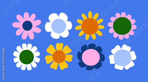 Retro style daisy flowers set. Vintage floral blooms with bright petals, top ...