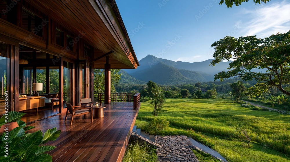Fototapeta premium premium modern tropical wooden house featuring sustainable architecture, spacious veranda, natural timber materials, panoramic mountain landscape, lush rice fields, eco friendly countryside