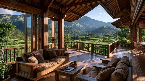 premium modern tropical wooden house featuring sustainable architecture, spacious veranda, natural timber materials, panoramic mountain landscape, lush rice fields, eco friendly countryside