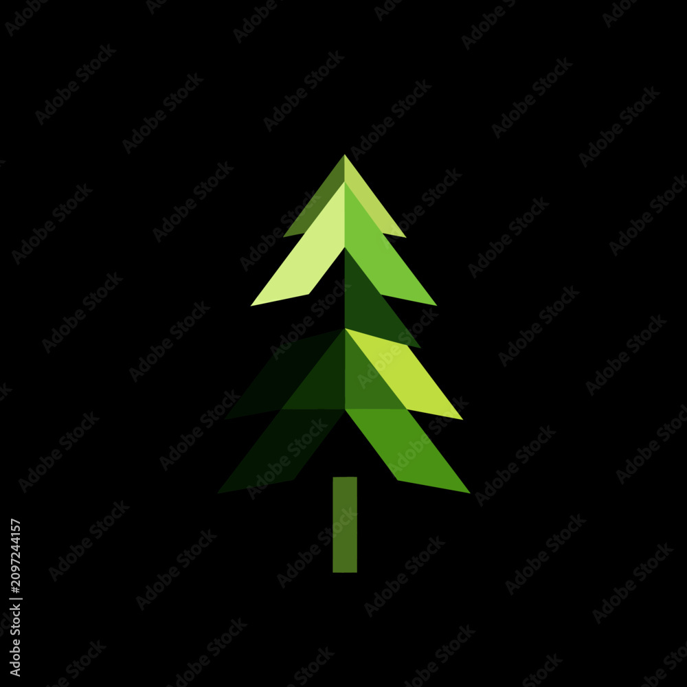 Obraz premium Geometric green tree isolated on black background minimalist style