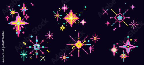 Photos Pixel art star icons, vibrant y2k firework sparkles, digital vector graphics for retro 8-bit games, neon party symbols on black background