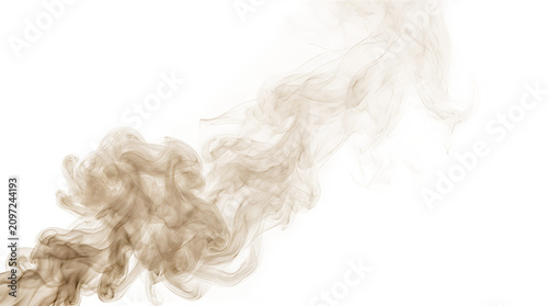 Abstract brown smoke wave isolated on transparent background. Sepia colored swirling vapor trail design element. Wispy beige smoke flow and mist backdrop template.