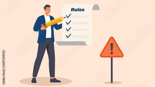 Illustration of a businessman reviewing rules checklist with a caution sign