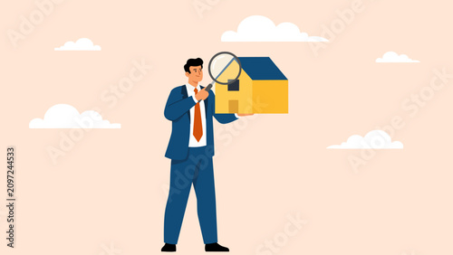 Illustration of businessman examining a house model with a magnifying glass