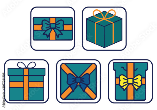 Set of colorful gift box icons with decorative ribbons and bows celebration birthday