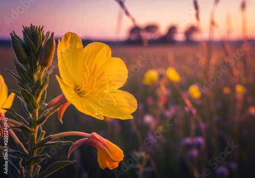 Evening Primrose in a Field at Sunset - A Serene Floral Landscape.