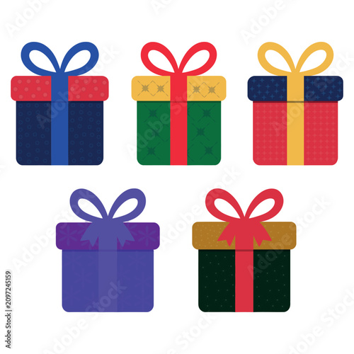 Collection of decorative gift boxes with patterned textures and bows, gift wrapping