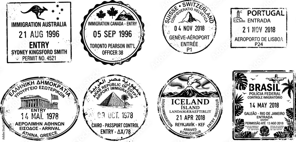 Fototapeta premium Collection of vintage Passport Stamps From Different Countries Showing Travel History and Entry Dates at Various Airports and Borders