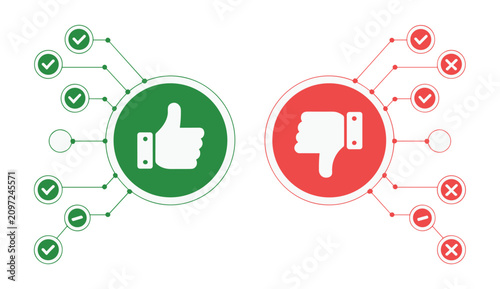 Photos Thumbs Up and Thumbs Down Comparison: A visual representation of approval and disapproval with checkmarks and crosses