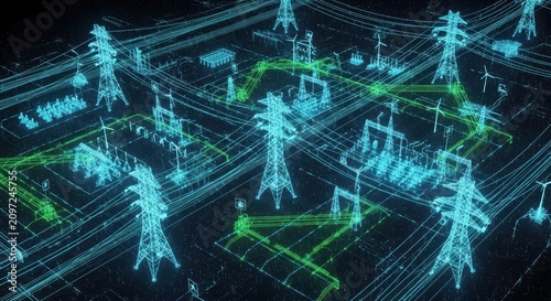Fototapeta Digital power grid infrastructure visualization showing high voltage lines in network.