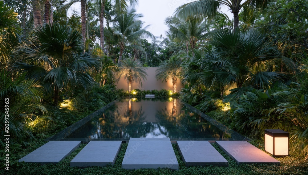 Fototapeta premium Lush tropical oasis with illuminated pool and serene pathway