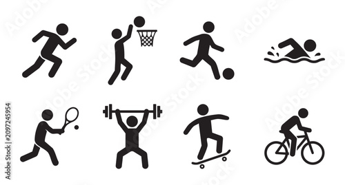 Sports Activity Icons Set |Running, Basketball, Soccer, Swimming, Tennis & Cycling Vector Collection