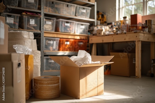Stacked moving boxes in a quiet garage corner with a workbench