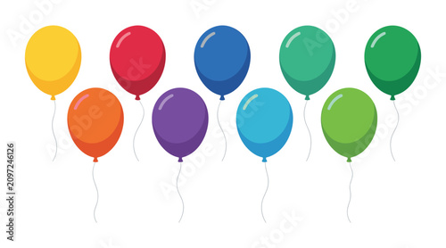 фотографія Colorful Balloons in a Row: A vibrant collection of assorted party balloons, floating serenely against a clean backdrop