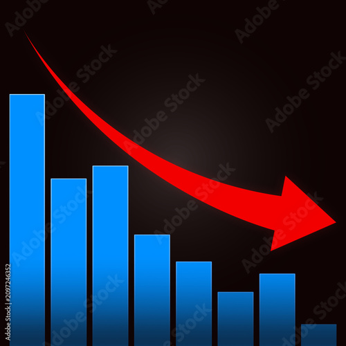 Konstfotografi Business Decline Chart with Falling Red Arrow and Blue Bar Graph on Dark Backgro