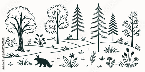Принти на полотні Set of 26 minimalistic forest landscape silhouettes with trees, bushes, and anim