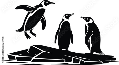 Cuadro en lienzo Penguin trio illustration leaping and standing on ice floe