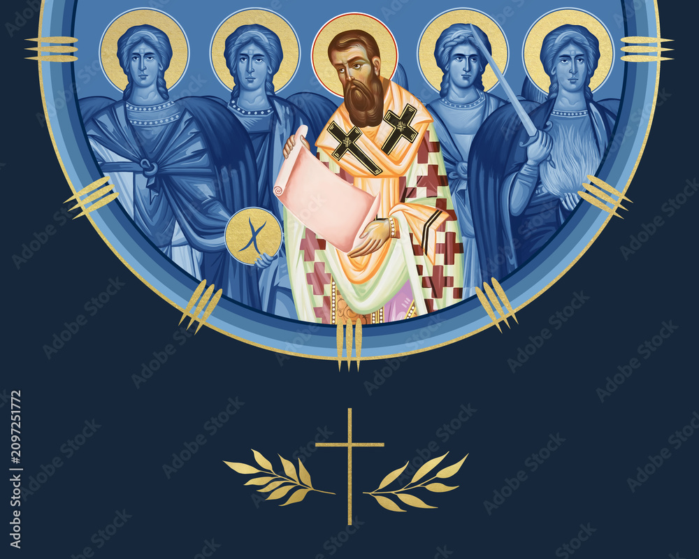 Obraz premium Gregory Palamas and four cardinal points (Archangel Gabriel, Uriel, Raphael and Michael). Illustration in Byzantine style isolated