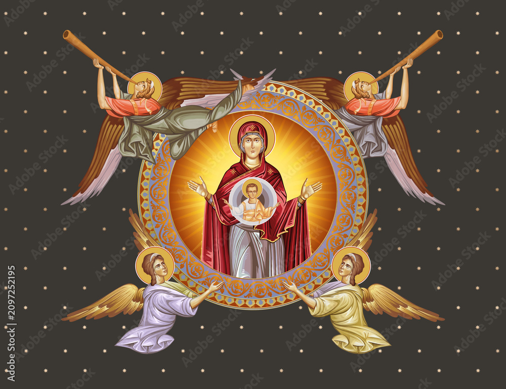 Obraz premium The Unbreakable Wall. Blessed Virgin Mary and Jesus Christ. Decorative vintage illustration with angels in Byzantine style