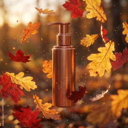 Metallic cosmetic pump bottle floating amidst falling autumn foliage. Golden forest background with vibrant orange leaves.