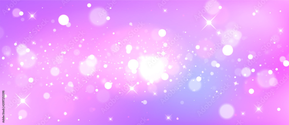 Obraz premium Pink soft gradient background with glitter sparkles, rainbow pastel colors and bokeh effect, vector dreamy pattern with magical atmosphere for princess or and fairy tale designs. Abstact ombre texture