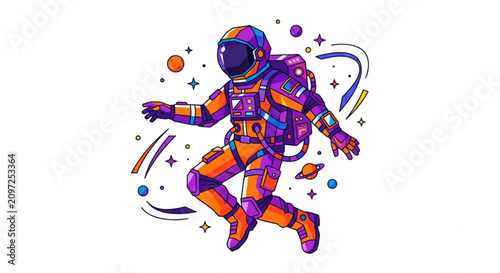 Colorful astronaut floating in outer space vector art.