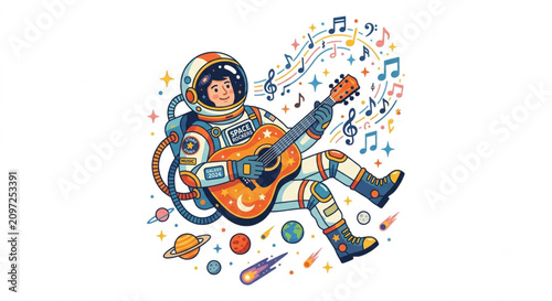 Astronaut playing acoustic guitar floating in outer space.
