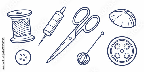 Foto Set of five sewing and craft tools on white background, flat style scissors thim