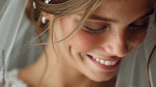 Smiling bride in wedding veil with natural makeup and elegant hairstyle, capturing joyful emotions, bridal beauty, wedding preparation, romantic celebration and timeless love