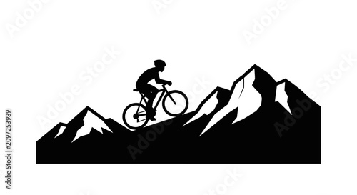 Принти на полотні Mountain biker climbs a jagged rocky landscape during a challenging outdoor adventure in a stark black graphic style