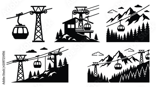 Foto Ski Lift And Mountain Landscape Black Silhouette Vector Illustration