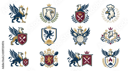 Luxury Heraldic Crest Collection with Griffin Eagle and Kitchen Utensils for Gourmet Restaurant