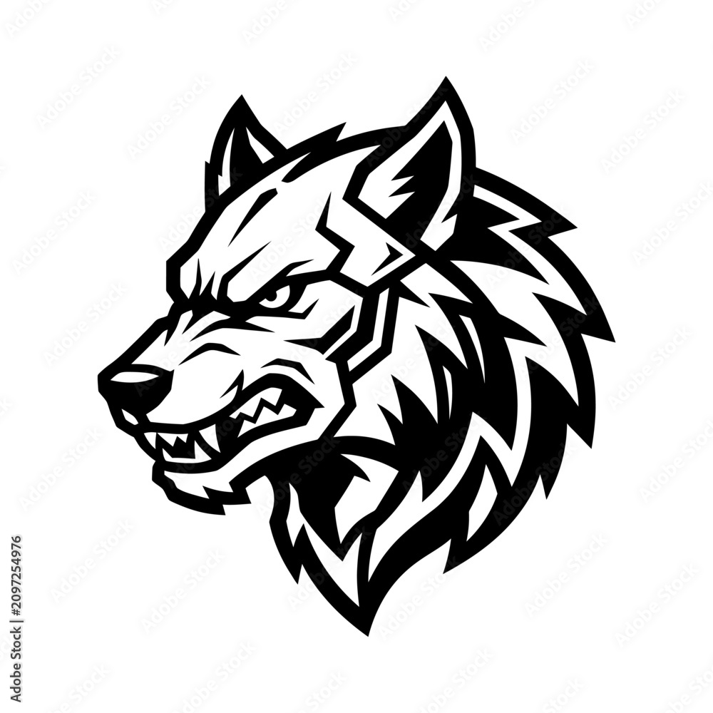 Fototapeta premium Aggressive cybernetic wolf head profile logo design.