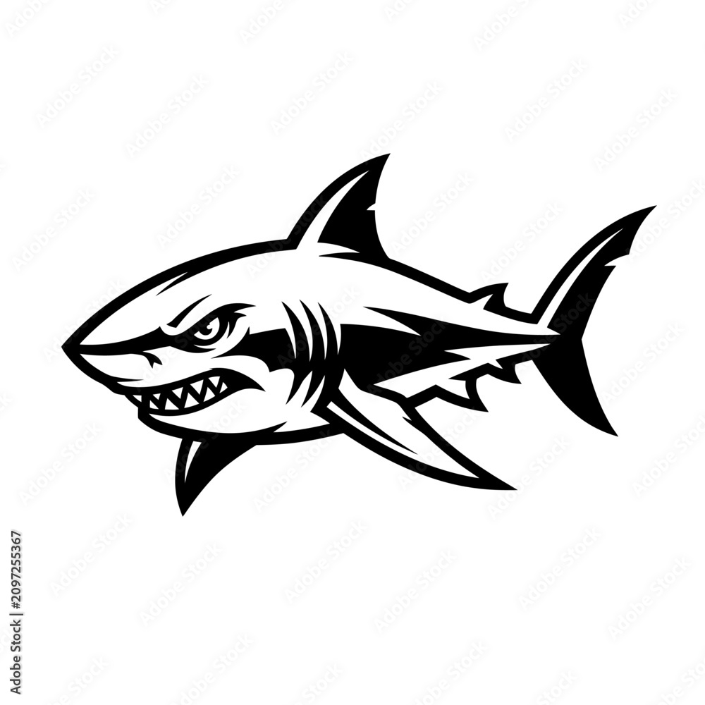 Fototapeta premium Aggressive great white shark mascot vector logo.