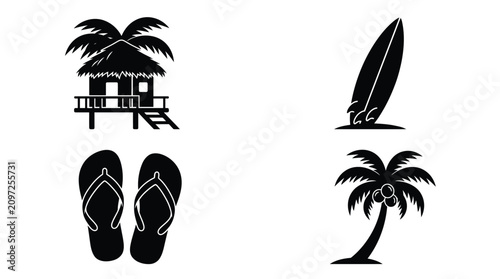 Foto Tropical Scene Silhouettes Beach Hut Surfboard Flip Flops And Palm Tree