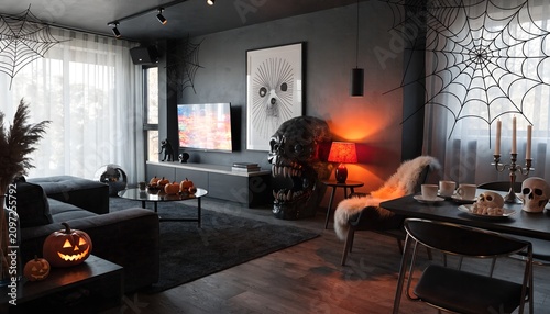 Cozy living room decorated for halloween party with pumpkins and skeleton decor