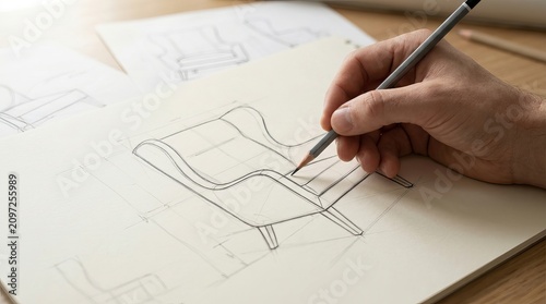 Hand sketching modern furniture design on paper. Creative designer drawing ergonomic chair concept with pencil